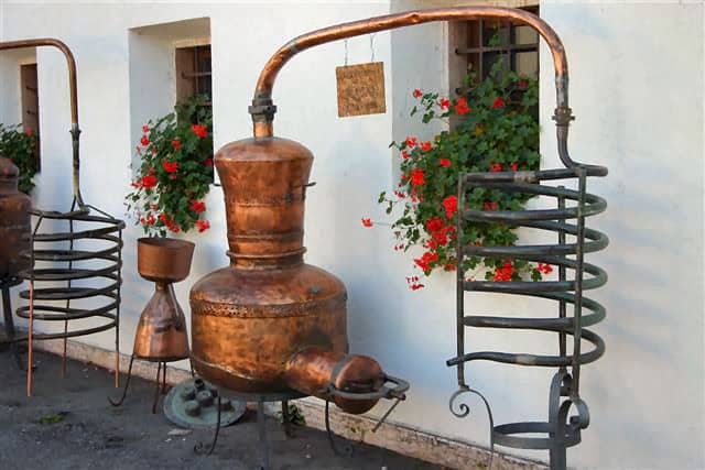 Distilleria artigianale con alambicco in rame e decorazioni floreali.